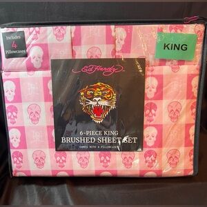 Ed Hardy King Pink Skull 6pc Sheet Set Double Brushed Y2K Bedding